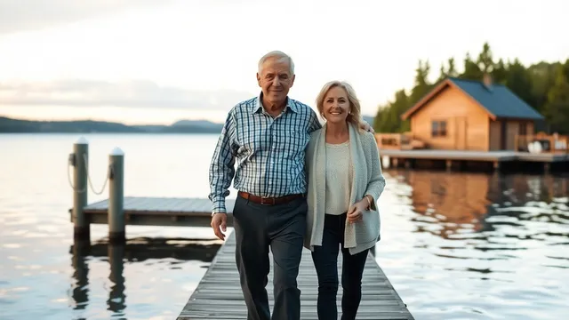 A couple walking along the dock of their lakeside cabin