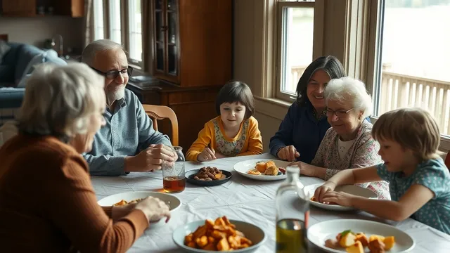 Three generations of a family around a dining table at a lake house