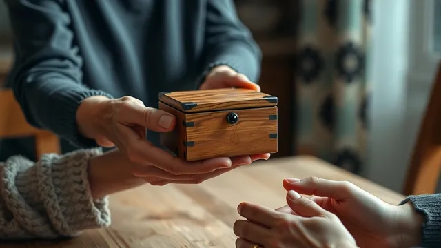 An older woman's hands passing a wooden keepsake box to a younger woman's hands